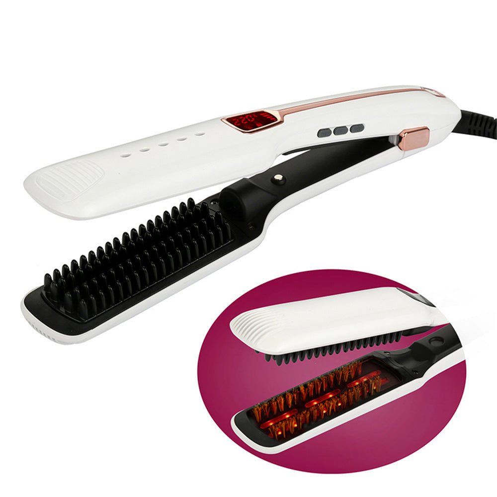 Multifunctional white hair straightener with steam spray and tourmaline ceramic bristles for wet and dry hair