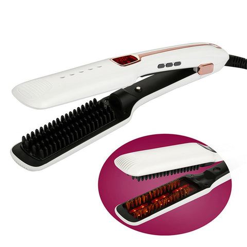 Multifunctional white hair straightener with steam spray and tourmaline ceramic bristles for wet and dry hair
